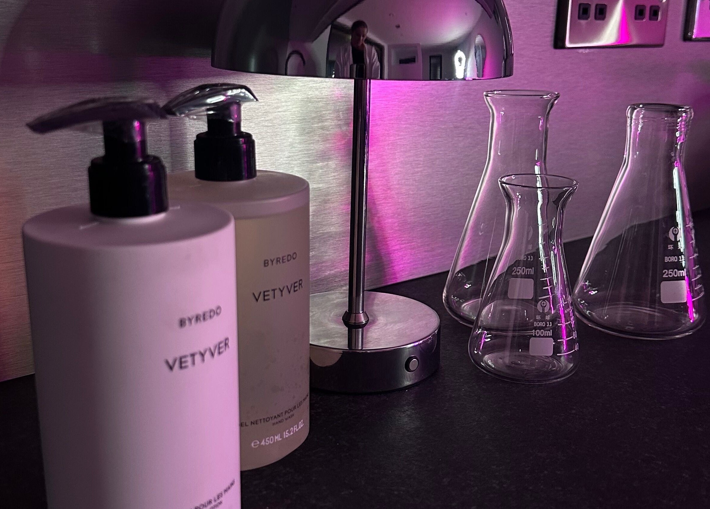 Elegant display of Vetyver products and glassware at SKN Lab Yorkshire, Wakefield, England, GB.