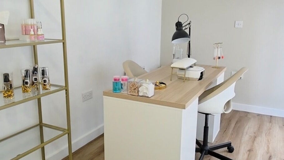 Bright, inviting nail station at MANI.FEST Nails in Barry, Wales, GB, featuring chic decor and essential tools.