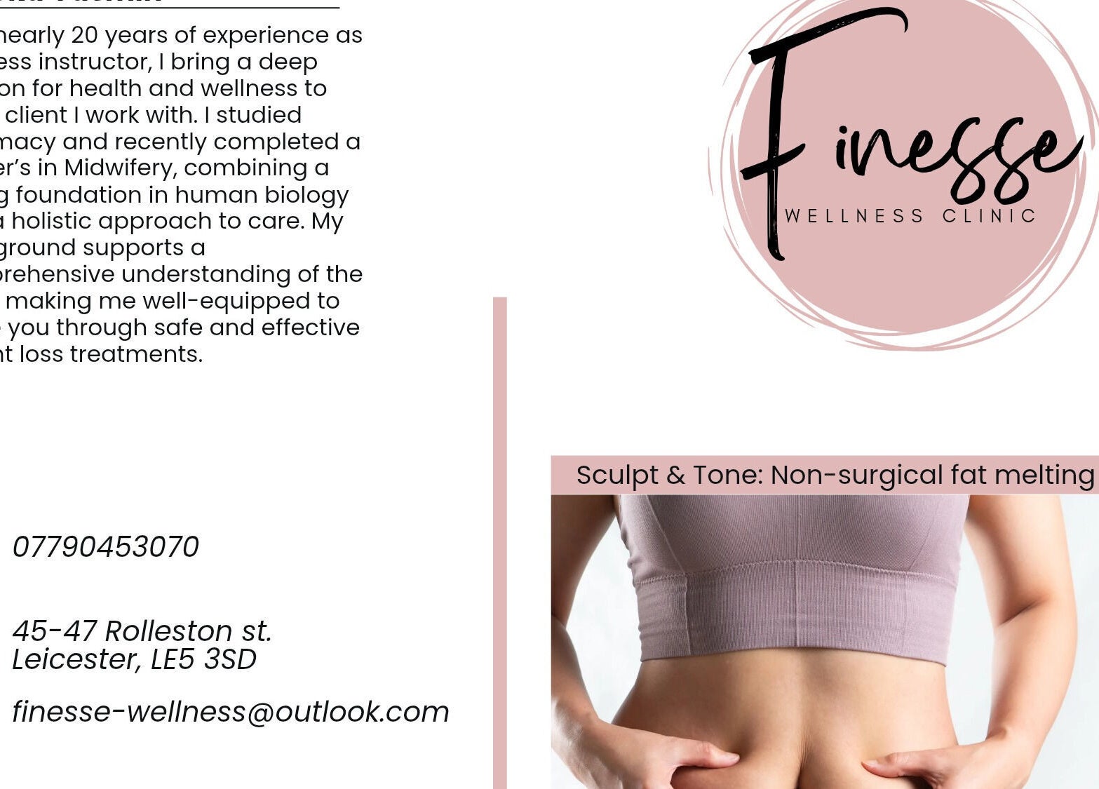 Finesse Wellness Clinic logo and fit woman promoting non-surgical treatment in Leicester, England, GB.