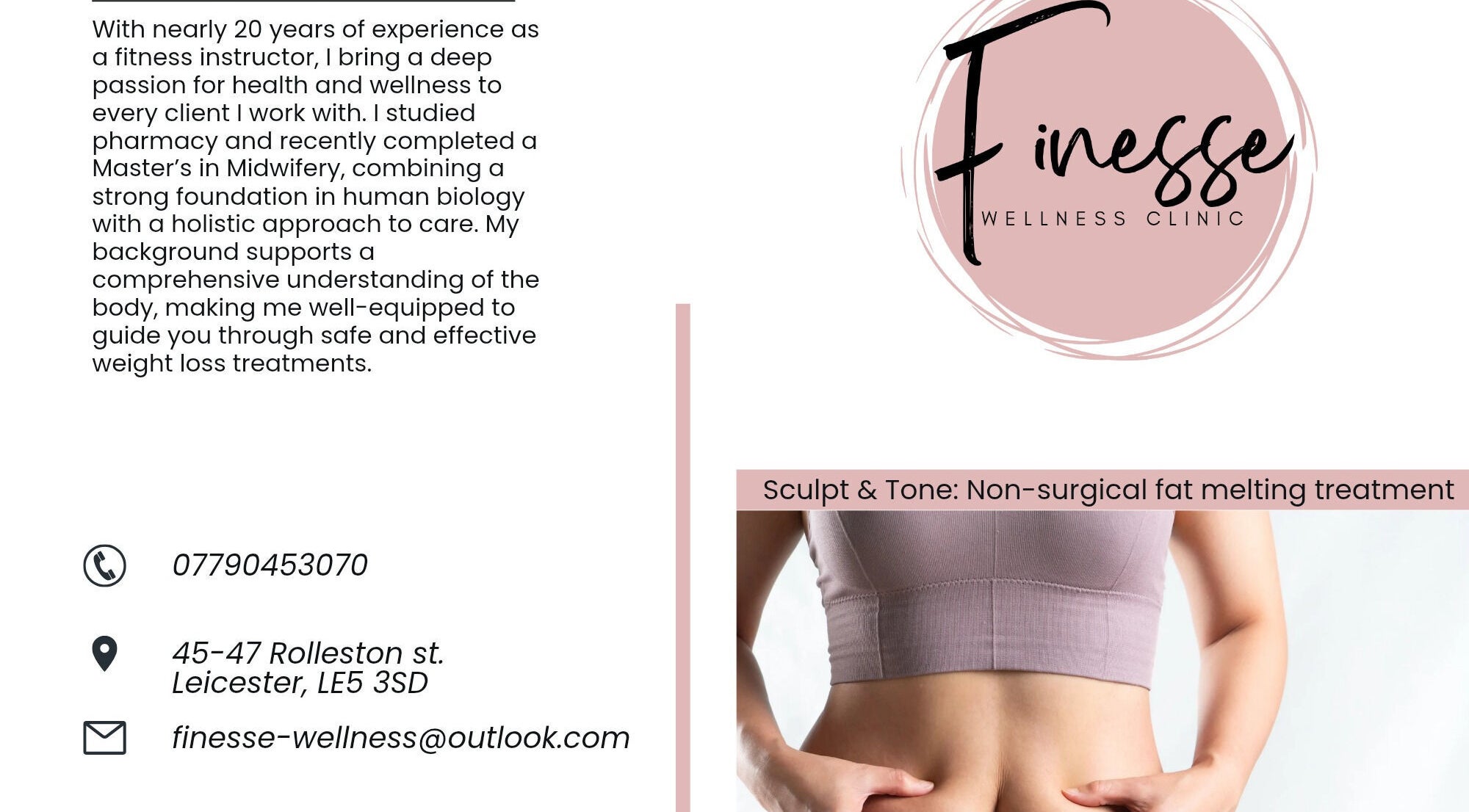 Finesse Wellness Clinic logo and fit woman promoting non-surgical treatment in Leicester, England, GB.