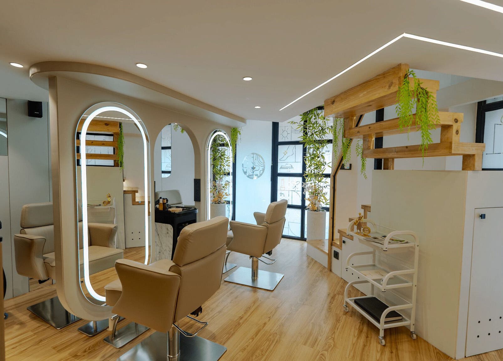 Modern, elegant interior of Mist Salon, Spa & Nail Salon in Pune, Maharashtra, IN with plush chairs and natural decor.