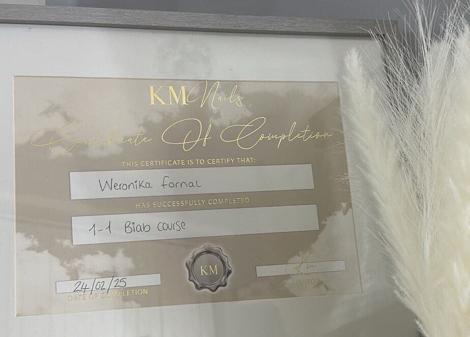 Certificate of completion displayed at Nails By Weron in Halifax, England, GB highlighting training excellence.