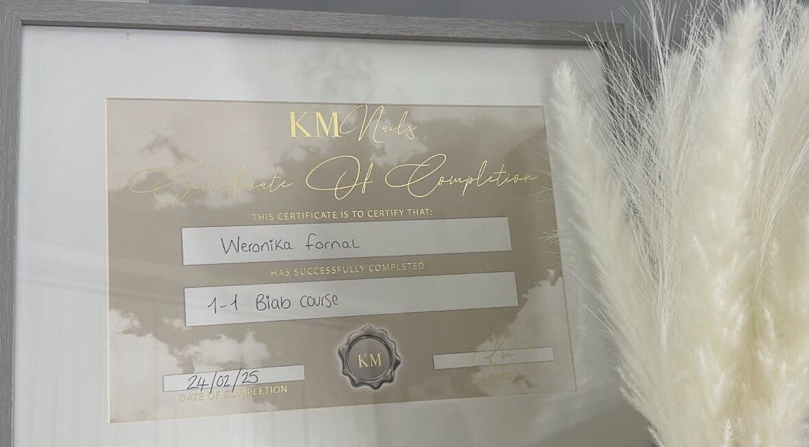 Certificate of completion displayed at Nails By Weron in Halifax, England, GB highlighting training excellence.