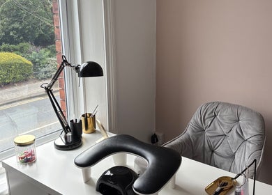 Manicure station at beautybar_.byterri with window view in Hebburn, England, GB.