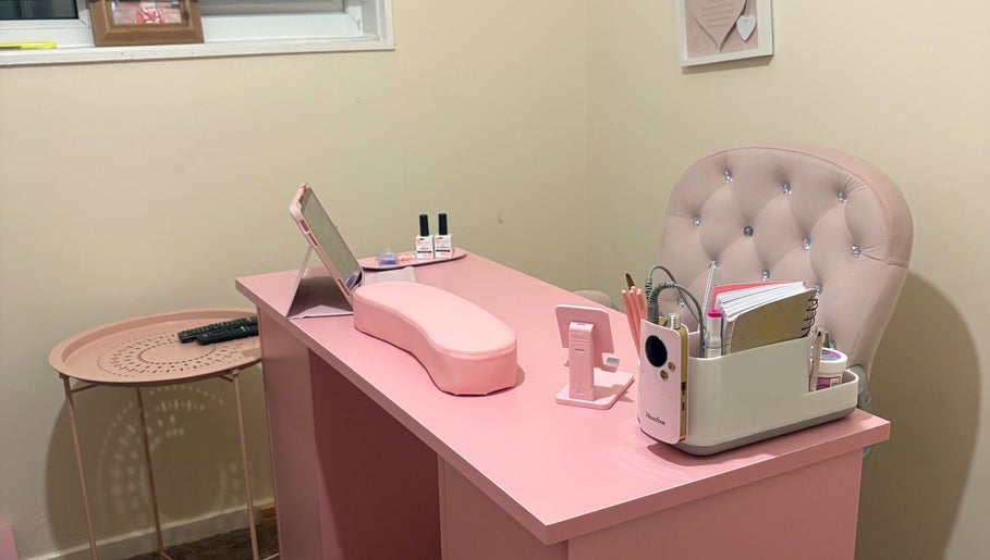 Chic pink nail station at Looklush, Wolverhampton, England, GB, showcasing elegance and modern beauty.