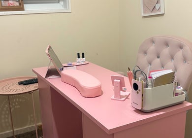 Chic pink nail station at Looklush, Wolverhampton, England, GB, showcasing elegance and modern beauty.