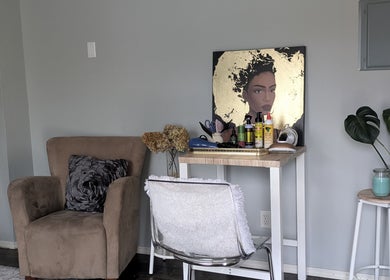 Teya Hair salon cozy corner in Mission, British Columbia, CA with stylish decor and beauty products.