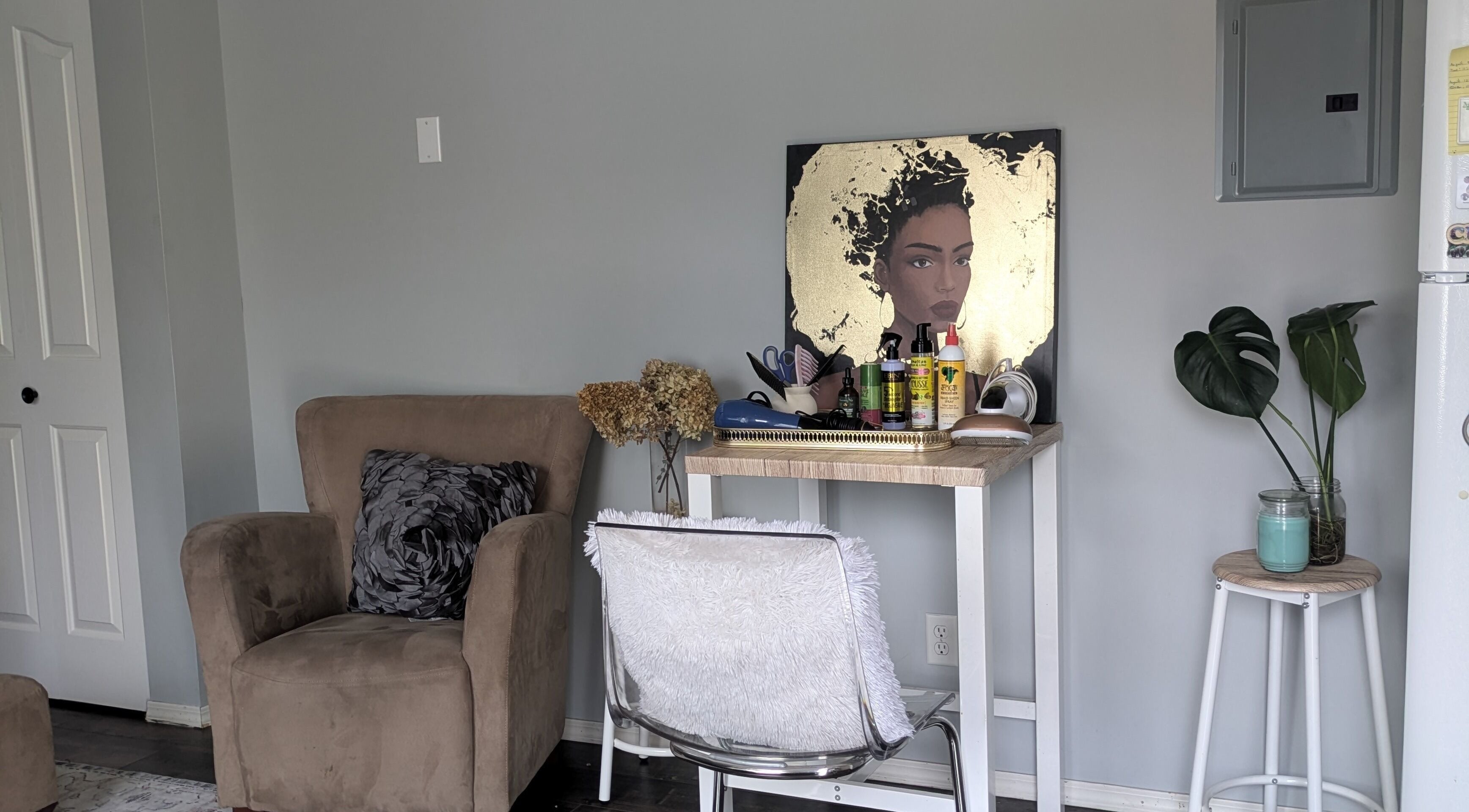 Teya Hair salon cozy corner in Mission, British Columbia, CA with stylish decor and beauty products.