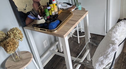 Elegant styling station with tools at Teya Hair in Mission, British Columbia, CA.