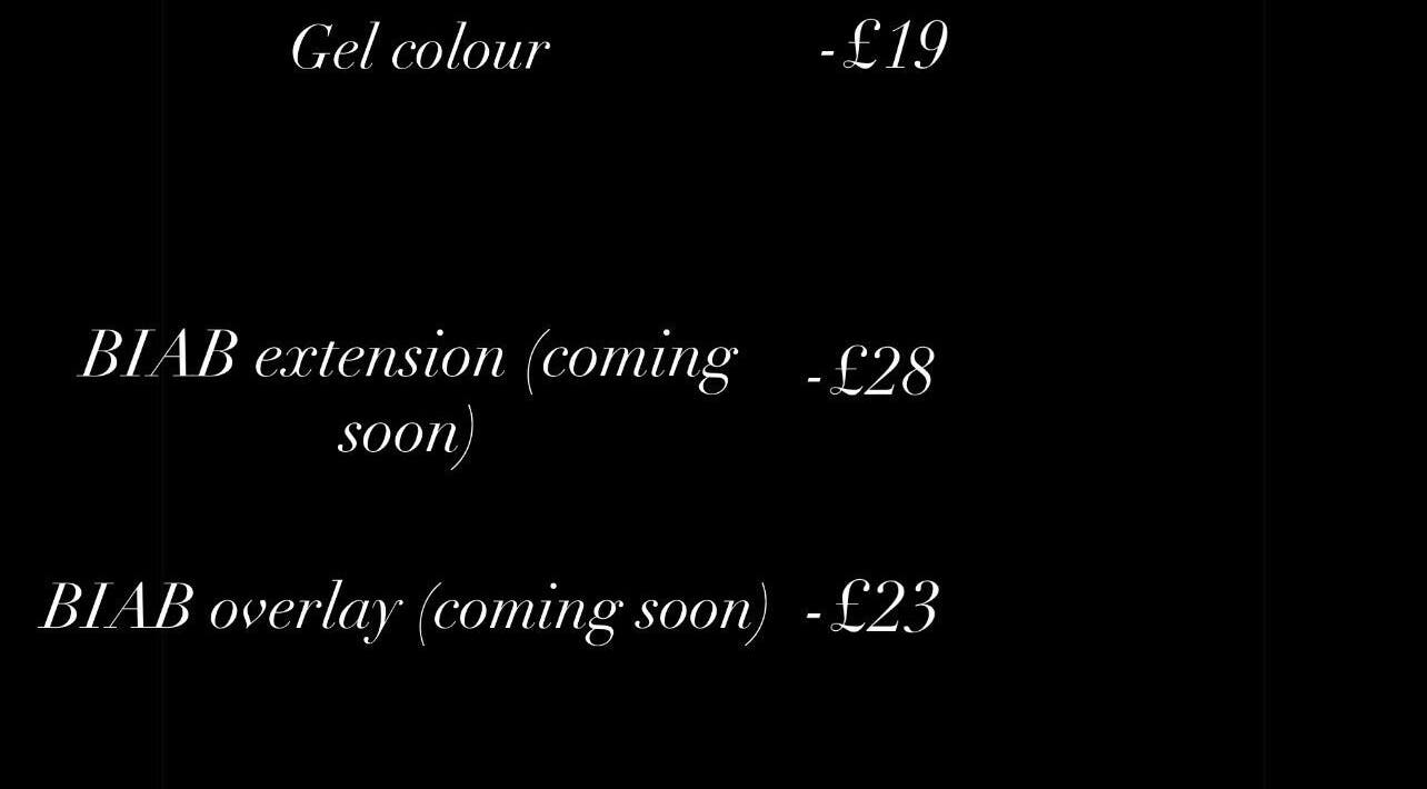 Service prices at ae.nails.at.Staplehurst, Staplehurst, England, GB for gel and BIAB extensions.