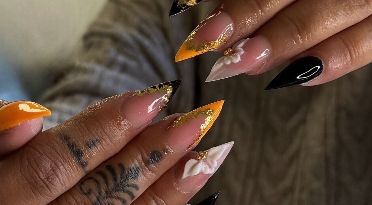 Intricate nail art design at BeauteDeLuxeByMia in Selsey, England, GB showcases elegance and craftsmanship.