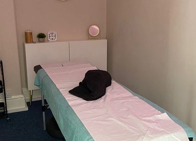 Calm massage therapy room at Majestic Beauty in Plymouth, England, GB.