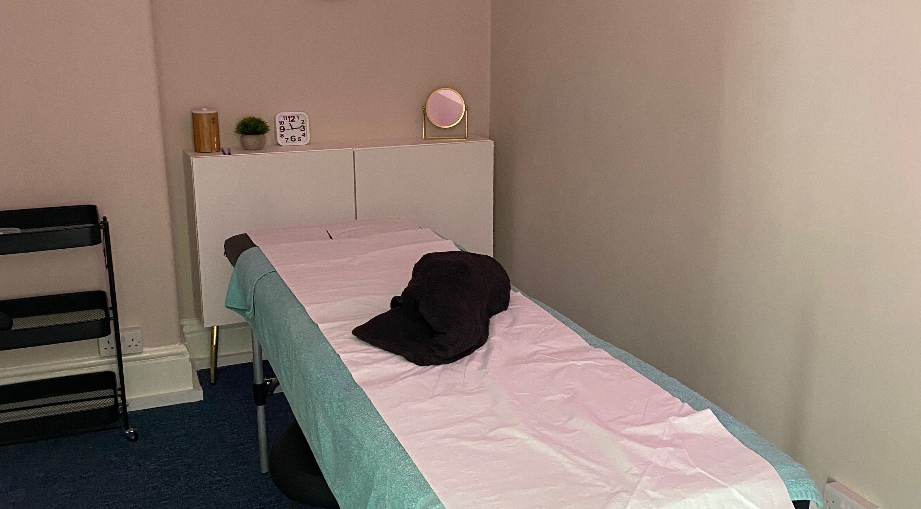 Calm massage therapy room at Majestic Beauty in Plymouth, England, GB.