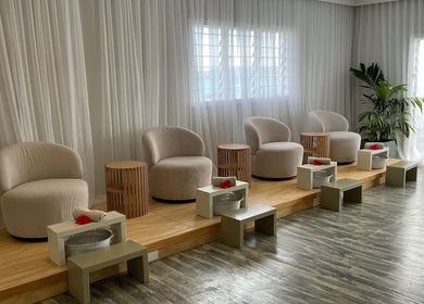 Luxurious seating at Marama Day Spa in Nikao, CK, offering a serene and elegant wellness experience.