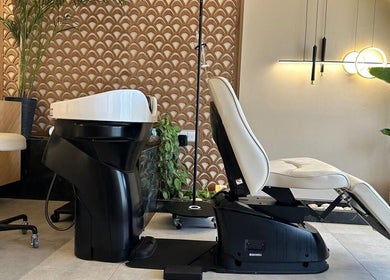 Σαλόνι ομορφιάς σε Tania S Hair and Head Spa, Λευκωσία, Λευκωσία, CY με μοντέρνα καρέκλα και φυτά.