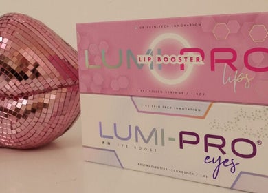 Kissed Clinic - Harlow displays Lumi-Pro lip and eye boosters in Harlow, England, GB, showcasing beauty products.