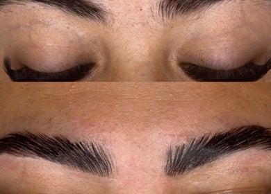 Before and after eyebrow styling at Arched-ByC, Merthyr Tydfil, Wales, GB, showcasing sleek brows.
