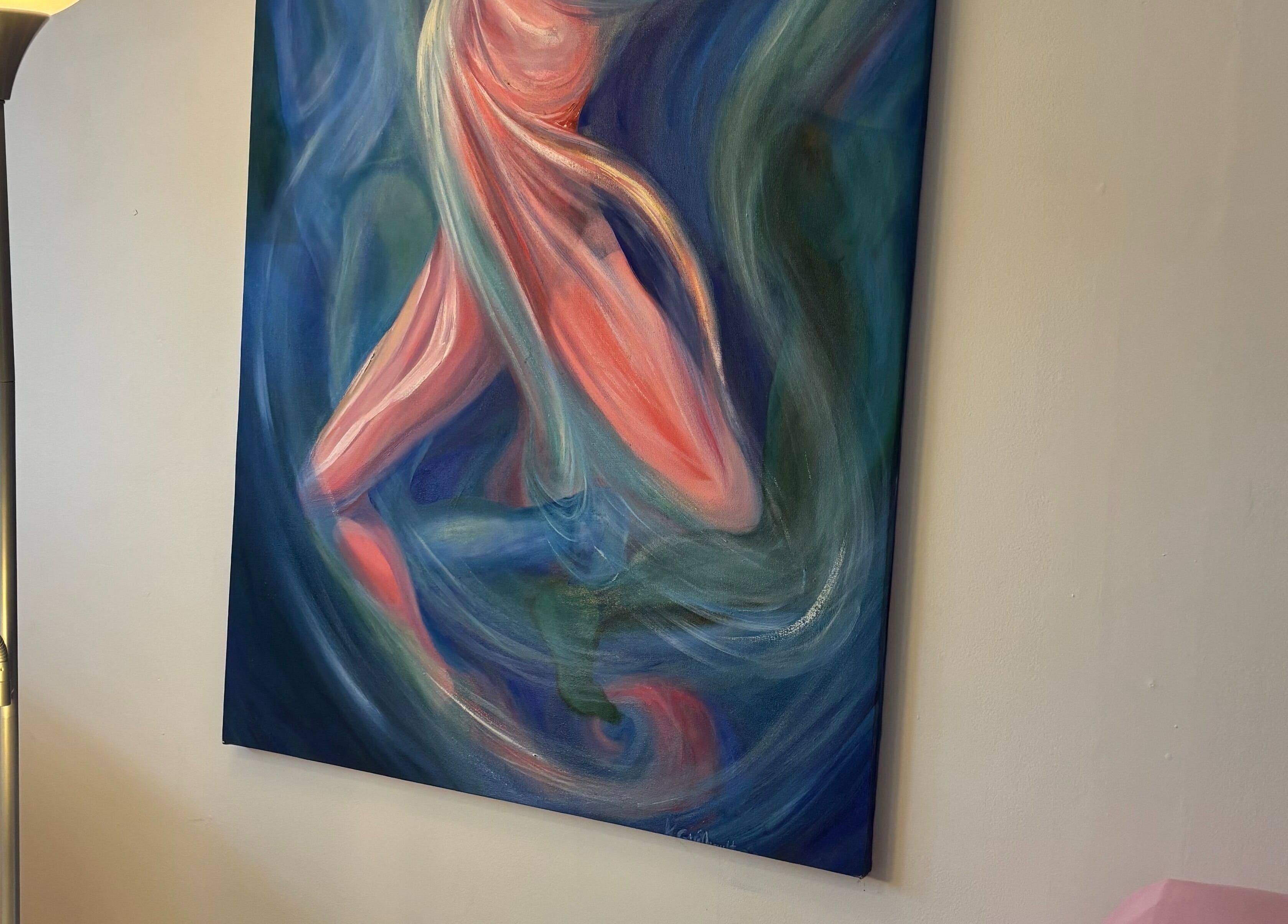 Abstract painting in Essensia Spa enhances the tranquil ambiance in Salmo, British Columbia, CA.