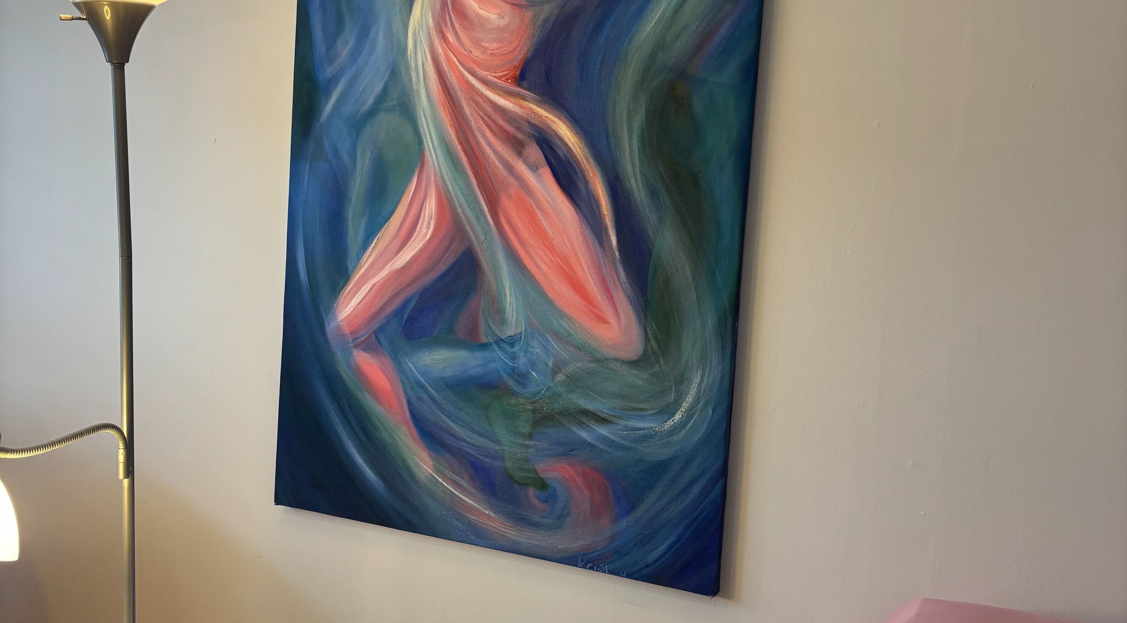 Abstract painting in Essensia Spa enhances the tranquil ambiance in Salmo, British Columbia, CA.