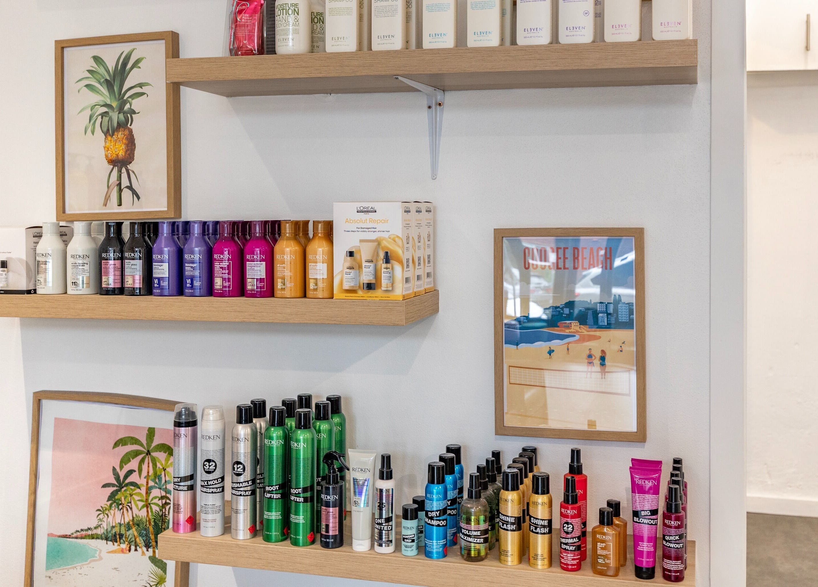 Shelves of beauty products at Collective and Co Coogee, Coogee, New South Wales, AU, showcasing vibrant packaging.