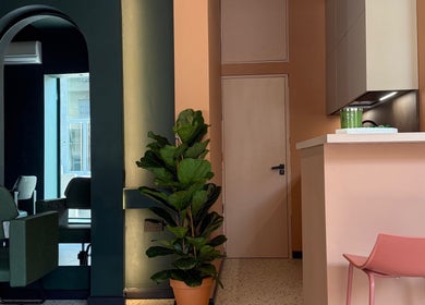 Stylish interior of soBlonde hair boutique in Naxxar, MT, featuring elegant decor and a lush green plant.
