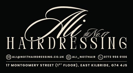 Elegant signage for Ali @ No. 17, a chic hairdressing venue in East Kilbride, Scotland, GB.
