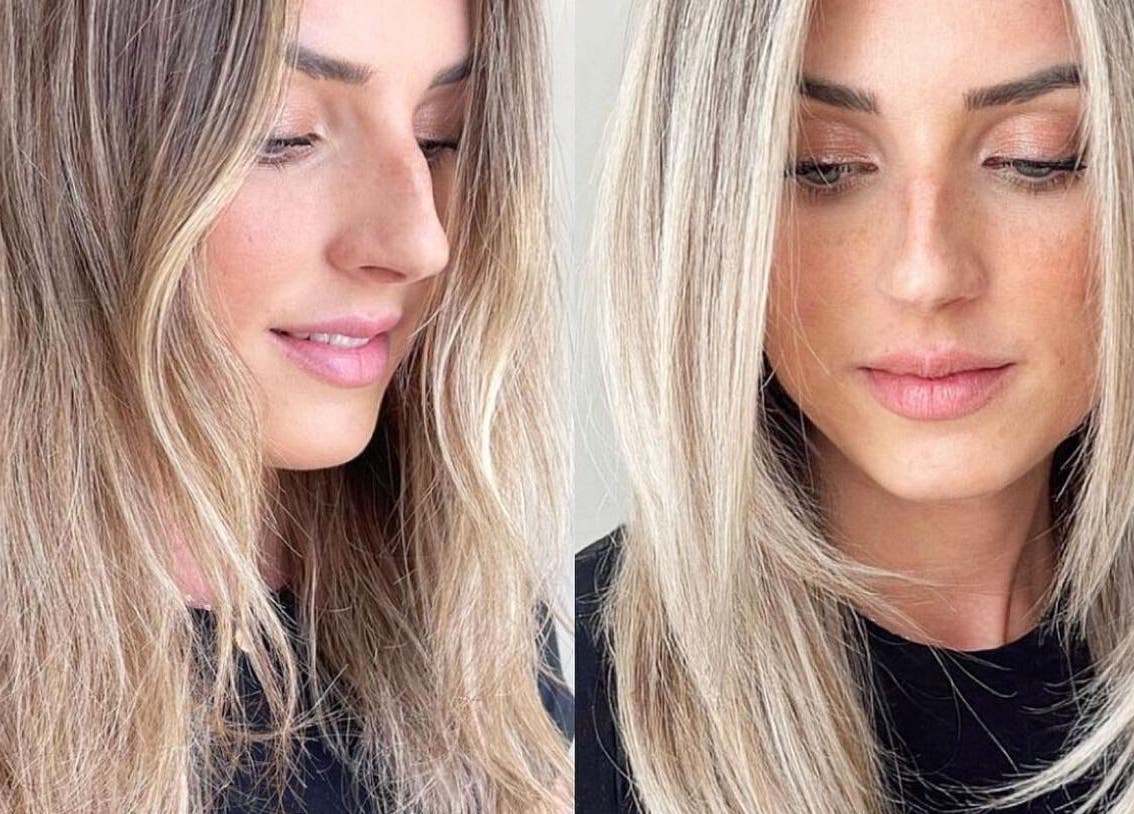 Before and after hair transformation at Ritzy’s Hair Studio, Windsor, England, GB showcases a sleek new look.