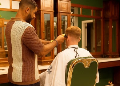 Barber crafting stylish haircut at Porem Damsquare, Amsterdam, Noord-Holland, NL.