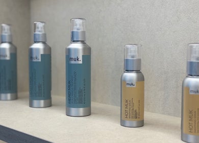 Professional Muk haircare products on shelf at Layers Hair Salon, Kuala Lumpur, Wilayah Persekutuan Kuala Lumpur, MY.