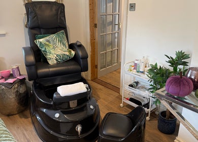 Luxurious pedicure chair at Annabel's Beauty, Stowmarket, England, GB, surrounded by calming decor.