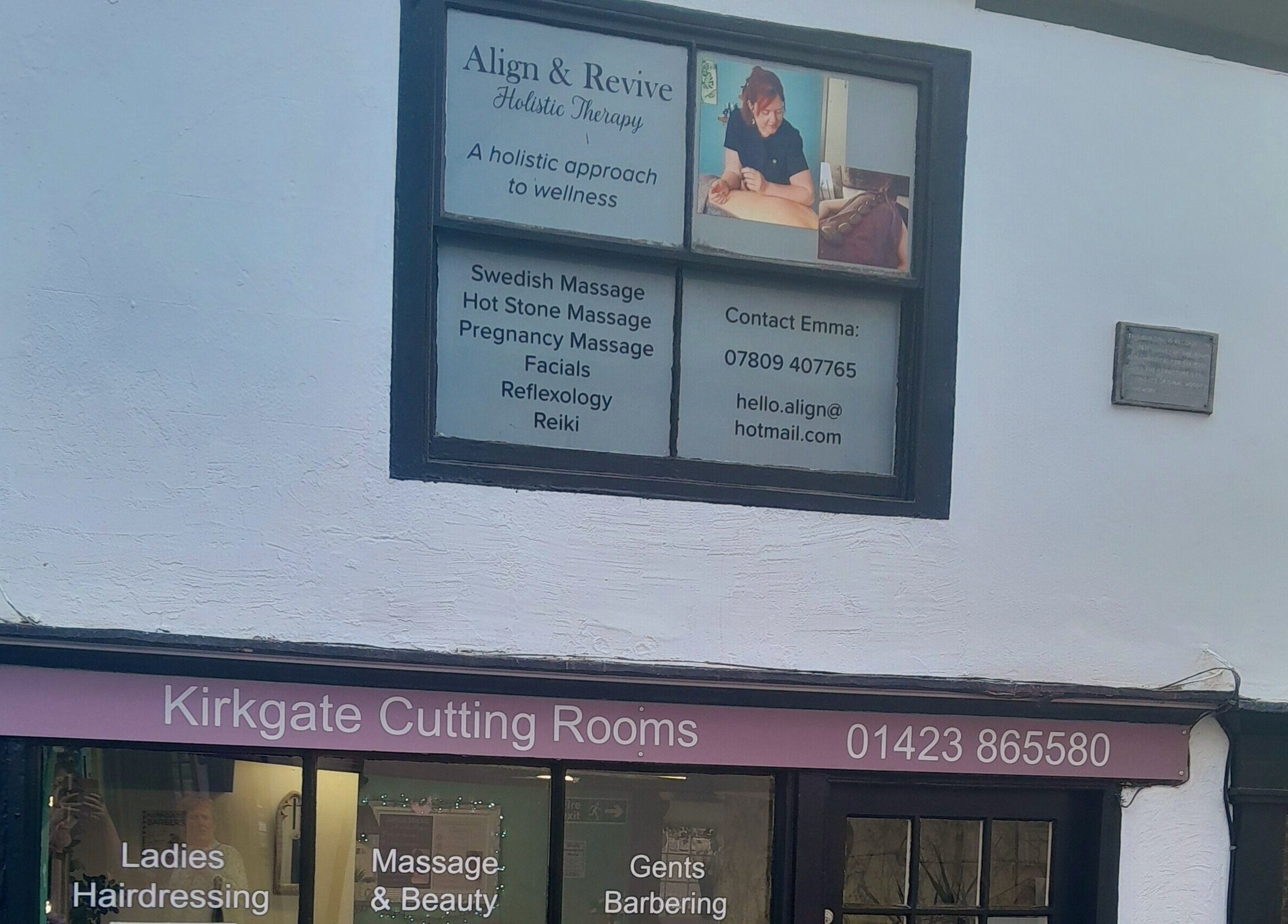 Exterior of Align & Revive Holistic Therapy in Knaresborough, England, offering massages and beauty treatments.