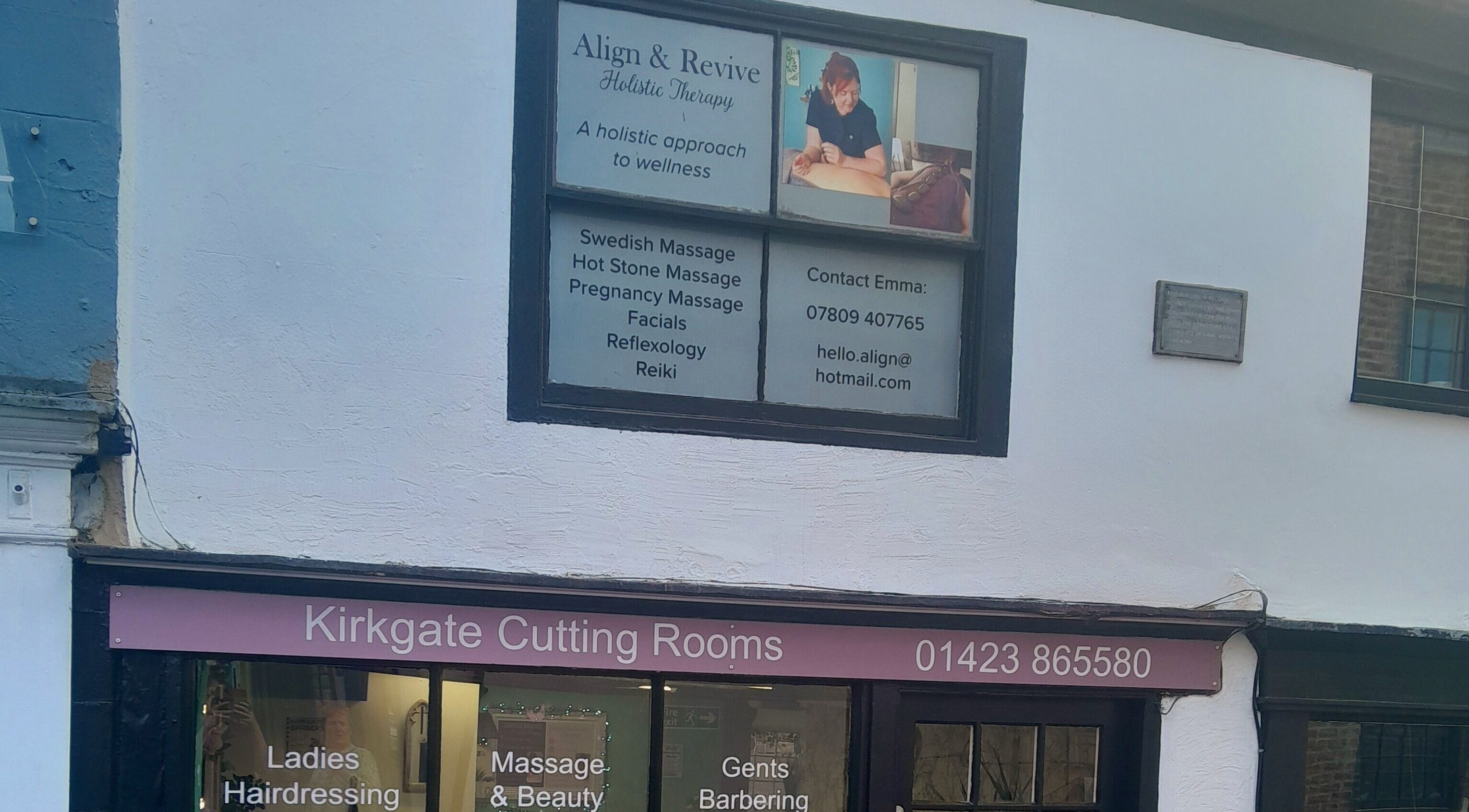 Exterior of Align & Revive Holistic Therapy in Knaresborough, England, offering massages and beauty treatments.