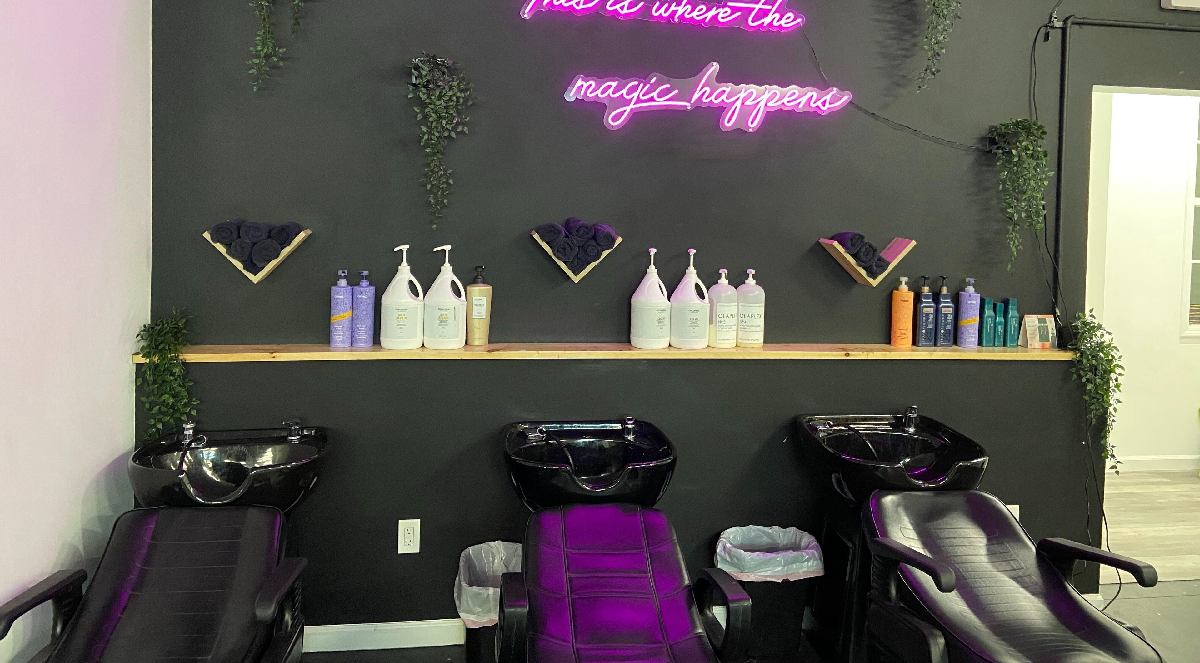 Hair washing area at Elle Salon and Spa, South Glens Falls, New York, US. Neon sign and luxurious chairs.