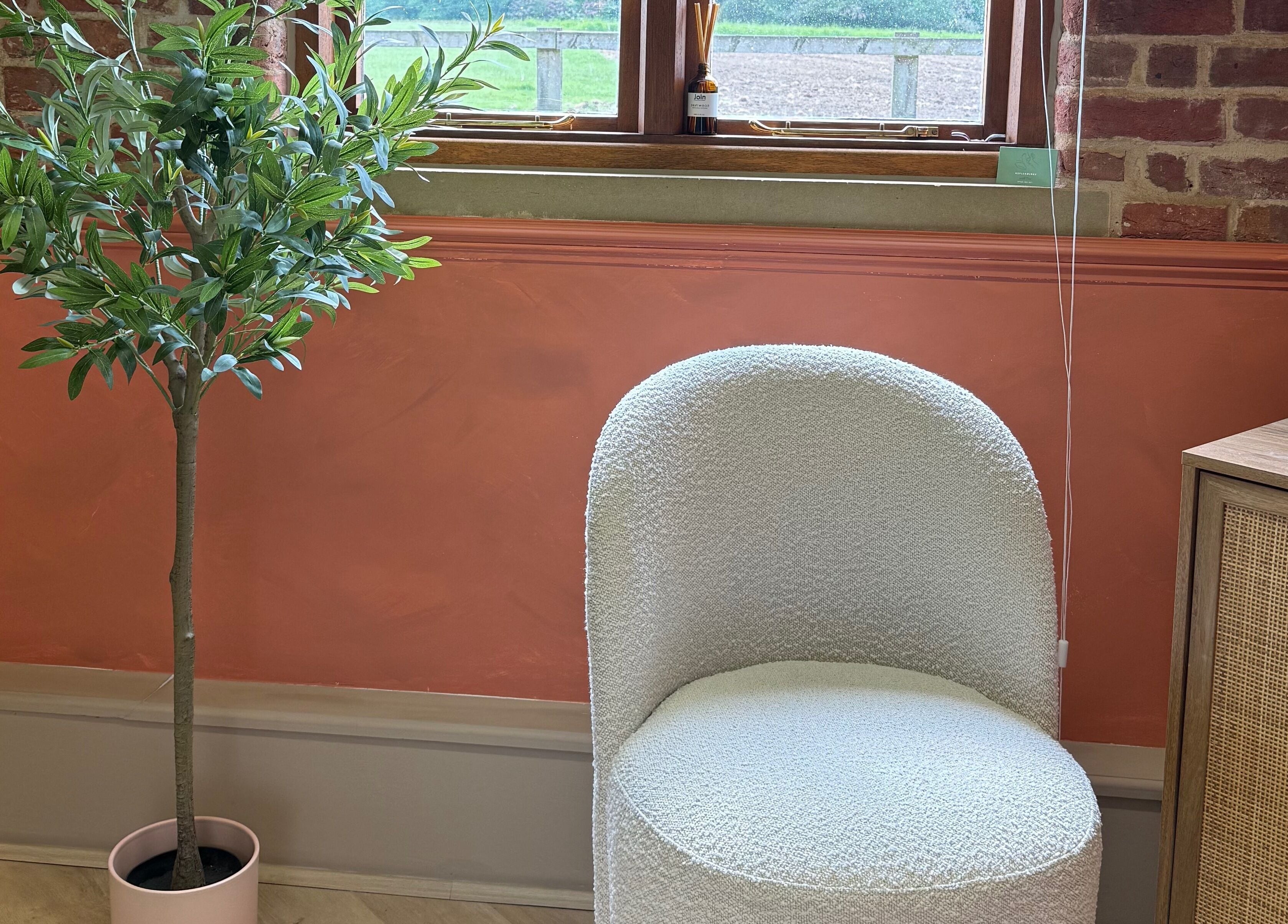 Cozy seating area at Clinic Meridian, Milton Keynes, England, GB, featuring a white chair and green plant.