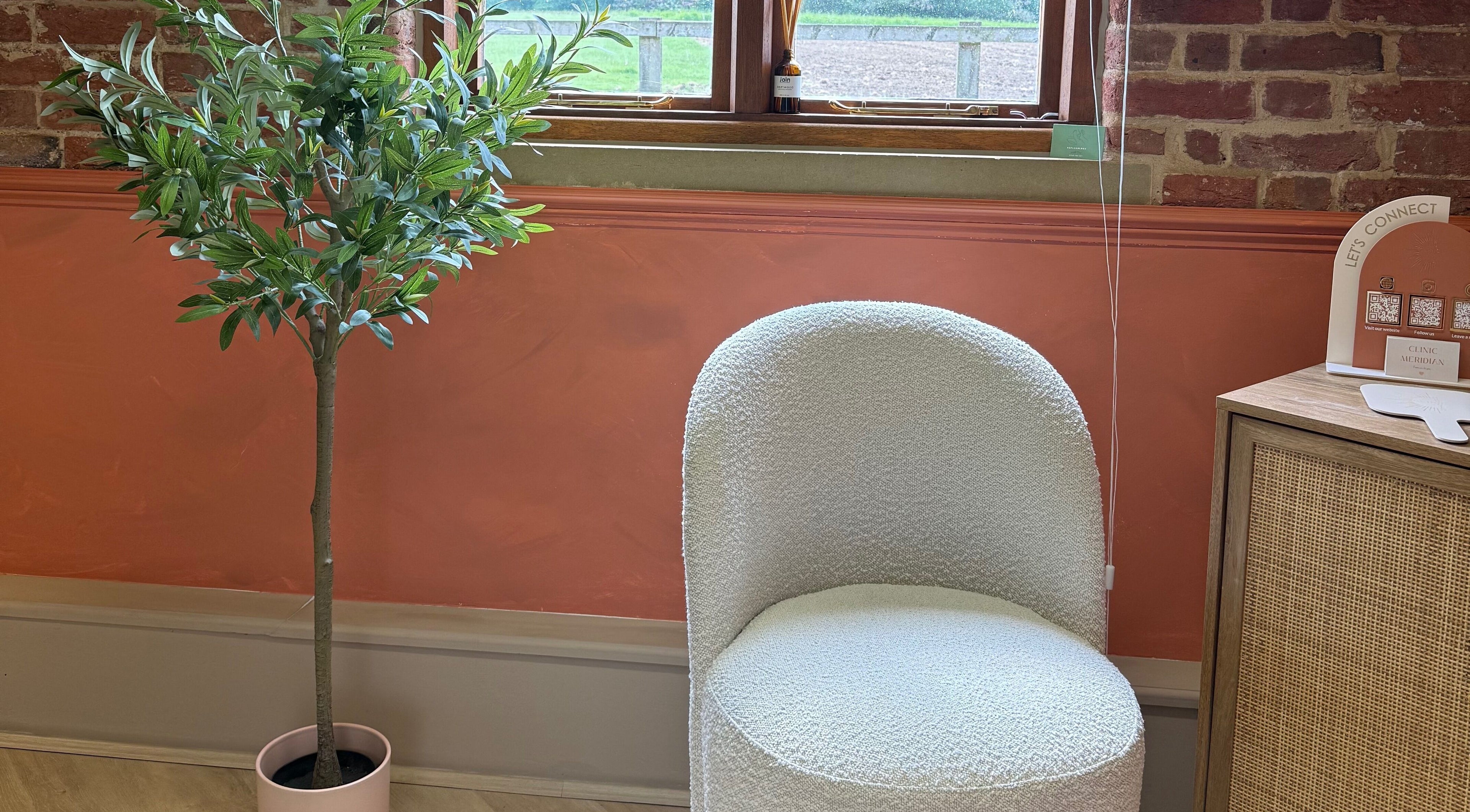Cozy seating area at Clinic Meridian, Milton Keynes, England, GB, featuring a white chair and green plant.
