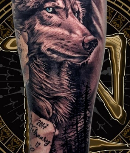 Detailed wolf tattoo at Zamani Ink, Cambridge, Waikato Region, NZ exemplifying artistic excellence.