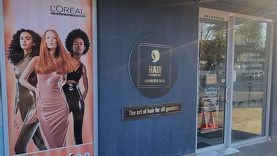 Entrance to Hair Colour & Art salon, Dundas Valley, New South Wales, AU with chic model poster.