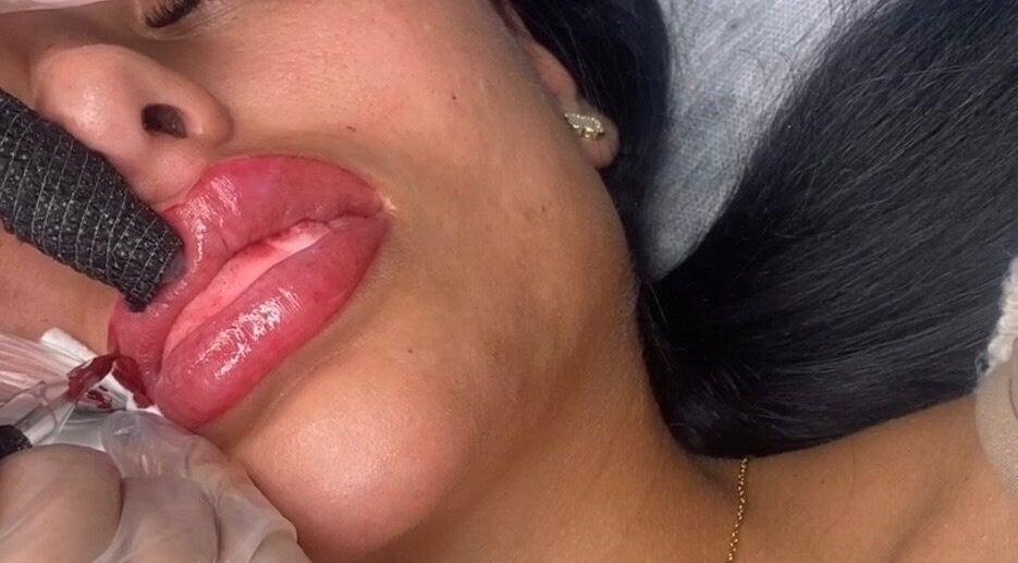 Close-up of lip treatment at LabtoLips in Halstead, England, GB. Enhancing lip beauty through skilled artistry.