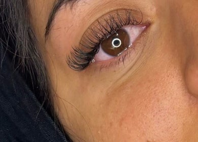 Close-up of luscious eyelash extensions at Lashed By Lucy, located in Farnham, England, GB.