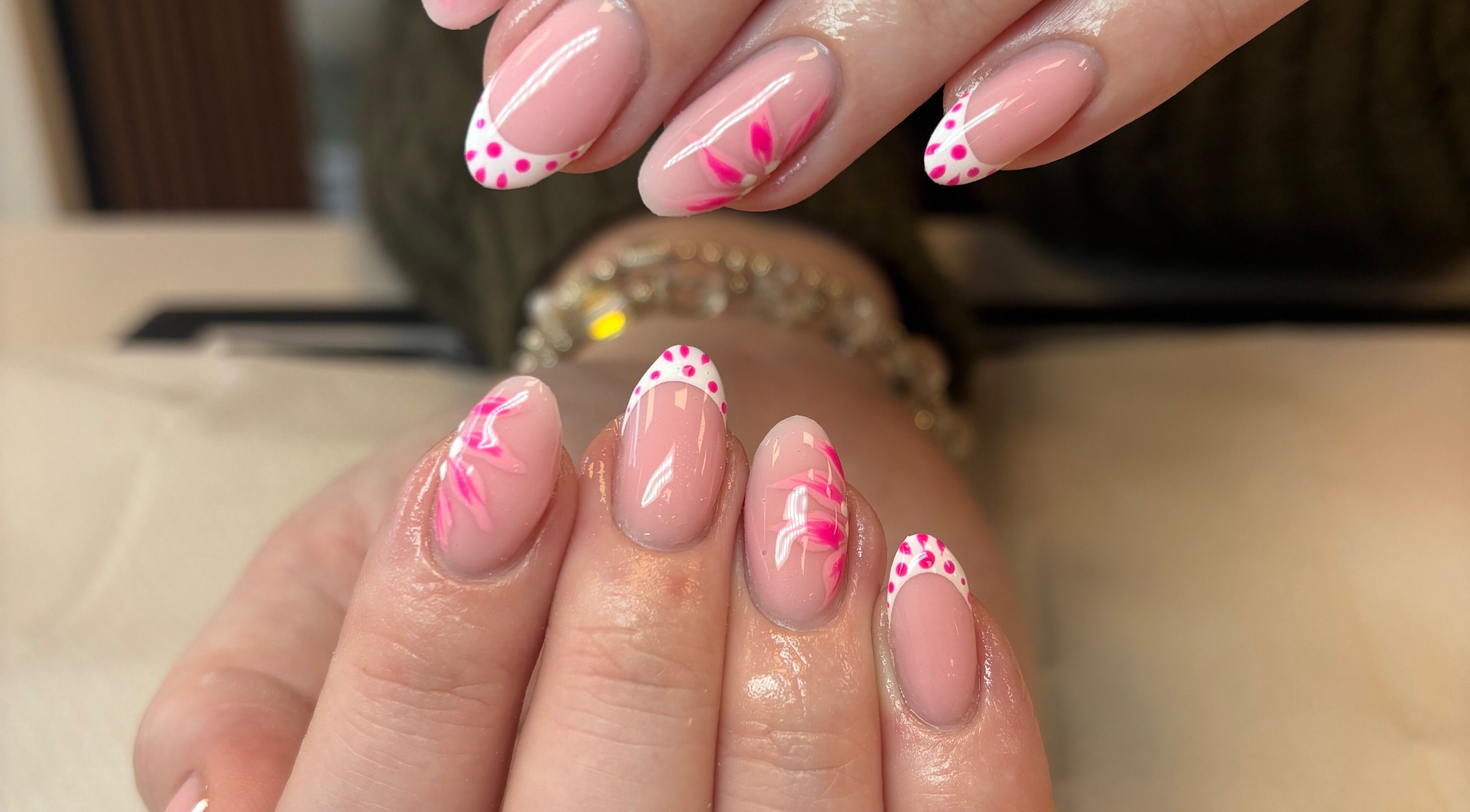 Elegant nail art with pink floral designs at Glam By Jas, Limerick, County Limerick, IE.