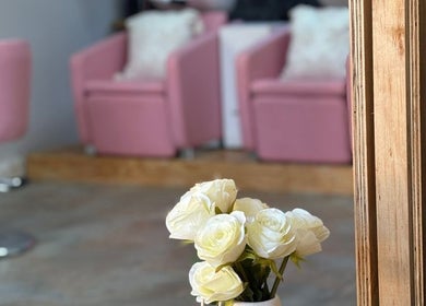 Elegant pink chairs and white roses at Missmay Did My Hair, Ballito, Kwazulu-natal, ZA.