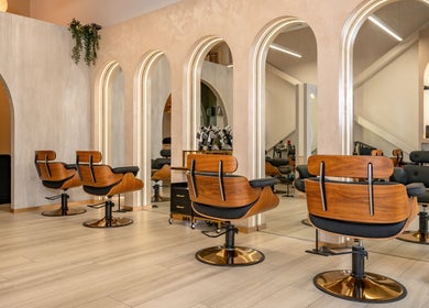 Stylish interior of Katamo Hair Salon with modern chairs, Melbourne, Victoria, AU.