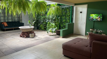 Espacio relajante en Estética Méndez, San José, San José, CR con sofás, plantas y decoración zen.