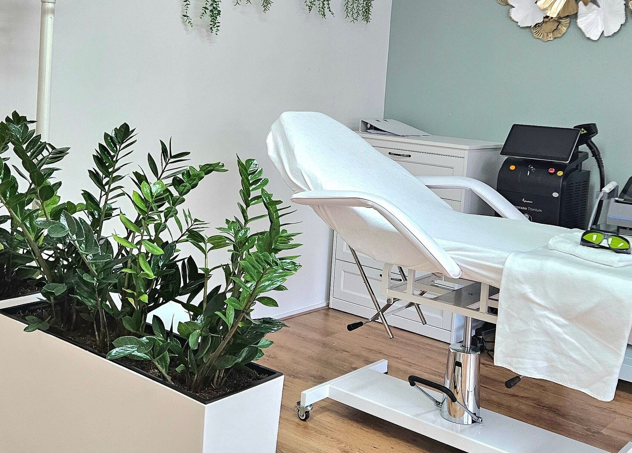 Luxe behandelkamer bij Skin & Lifting Nouna in Veghel, Noord-brabant, NL met moderne apparatuur en groene planten.