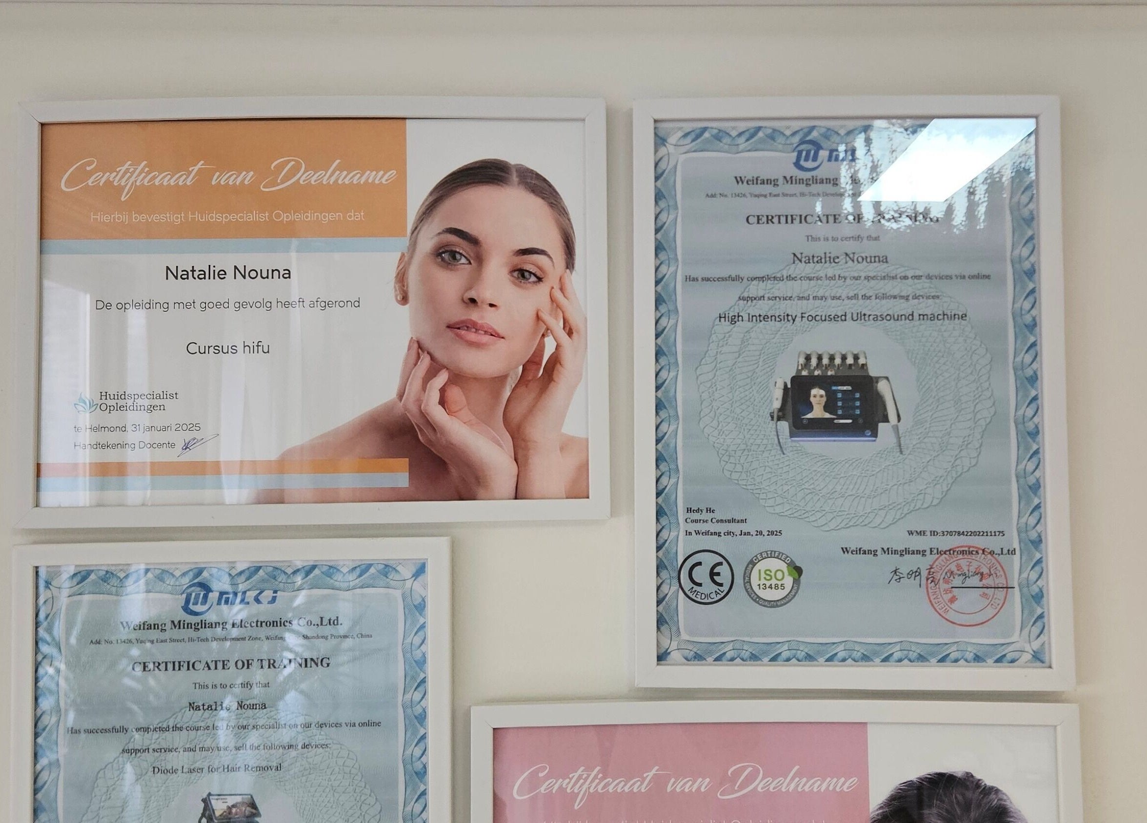 Certificaten bij Skin & Lifting Nouna in Veghel, Noord-brabant, NL, tonen expertise in huid- en schoonheidsverzorging.