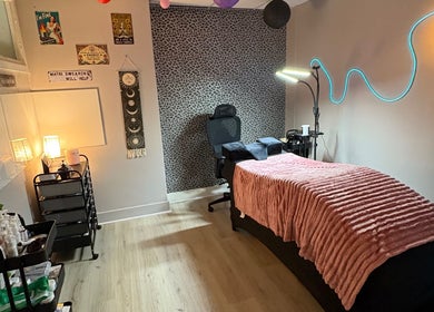 Inviting treatment room at Very Bettie in Horley, England, GB with a plush bed and calming decor.