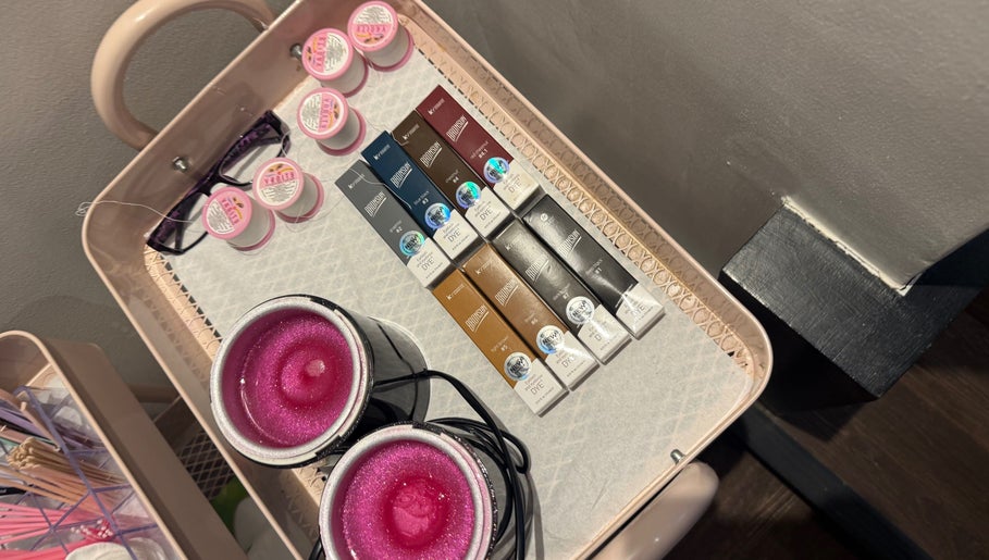 Beauty products on cart at Dopamine Studio, Bishops Cleeve, England, GB.
