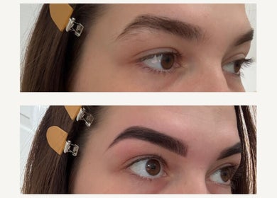 Before and after brow shaping at Dopamine Studio, Bishops Cleeve, England, GB.