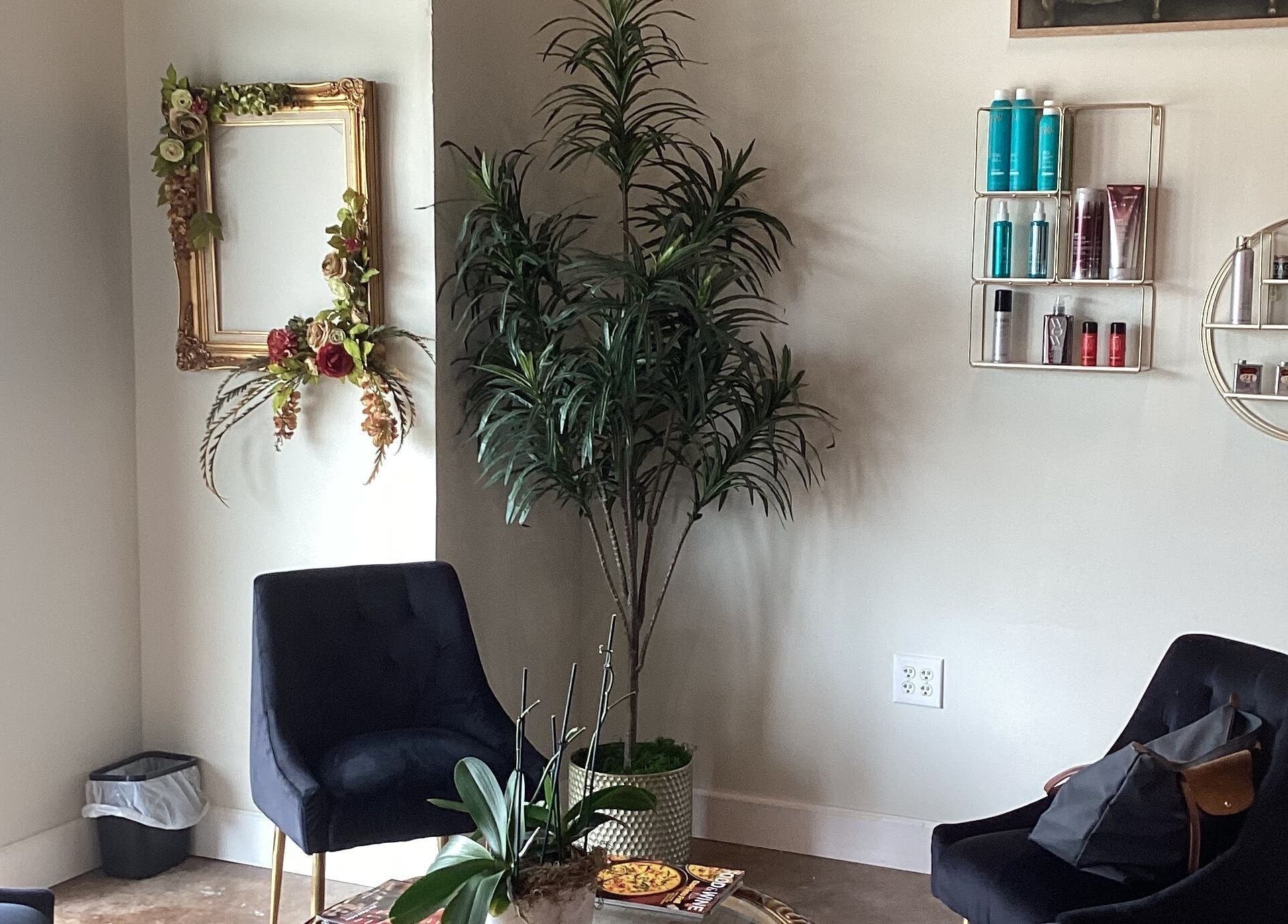 Cozy corner at Styles By Kelly, Ruston, Louisiana, with plants and shelves displaying beauty products.