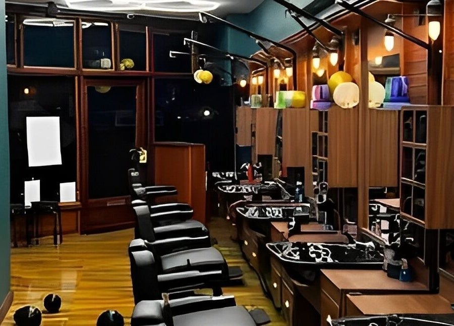 Modern salon interior at Fade Factory - Balham, London, England, GB with sleek black chairs and mirrors.